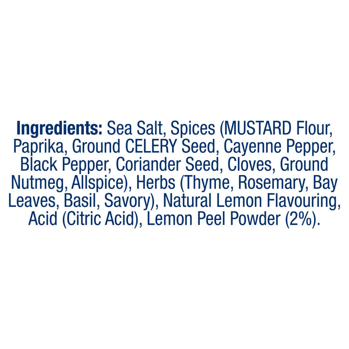 An ingredient list for Old Bay Lemon & Herb Seasoning 75G featuring sea salt, mustard flour, paprika, celery seed, various spices, herbs, and lemon peel powder.