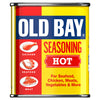 A yellow and red tin of Old Bay Hot Seasoning 75G featuring illustrations of chicken, seafood, and meat to highlight its versatility.