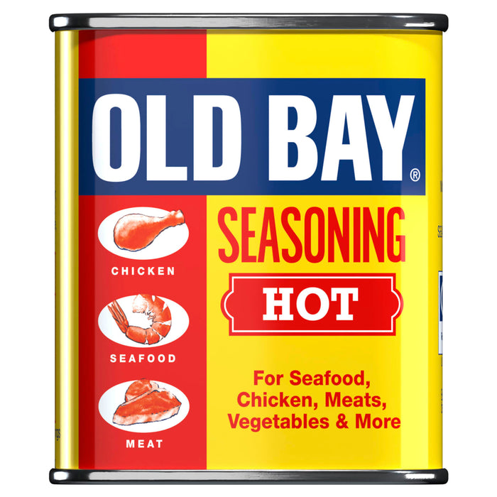 A yellow and red tin of Old Bay Hot Seasoning 75G featuring illustrations of chicken, seafood, and meat to highlight its versatility.