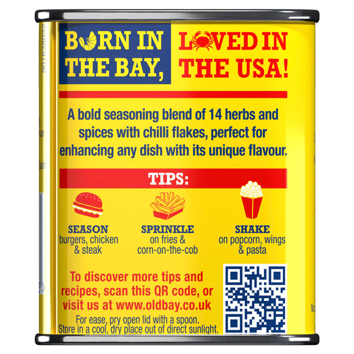 A yellow and blue tin of Old Bay Hot Seasoning 75G features a bold seasoning blend of 14 herbs and spices with chilli flakes and provides tips for use on burgers, fries, and popcorn.