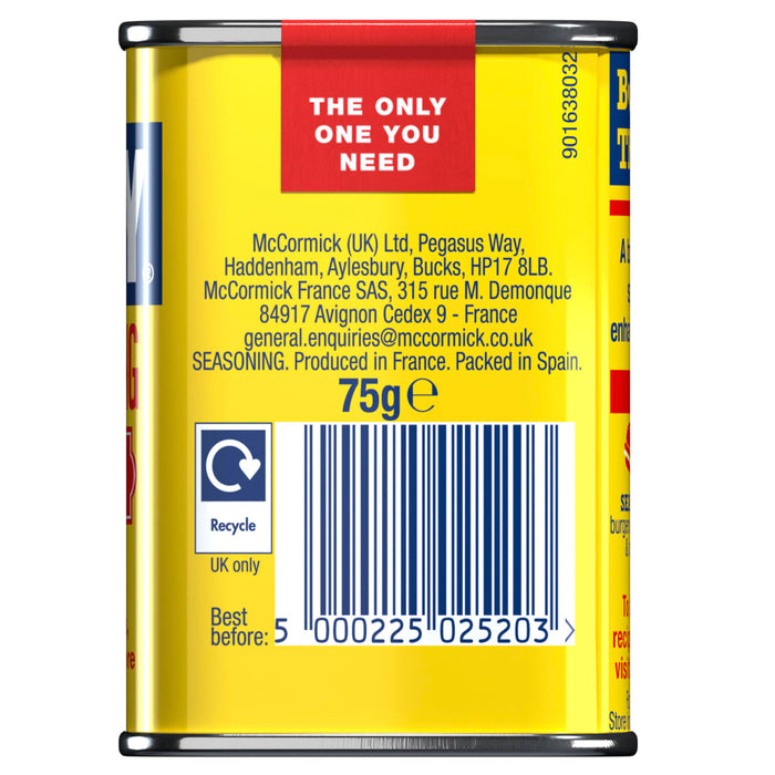 The back of a yellow tin of Old Bay Hot Seasoning 75G displays contact information for McCormick UK and France along with a barcode and recycling symbol.