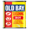 A 75g tin of Old Bay Hot Seasoning 75G featuring the classic yellow and red label with illustrations of chicken, seafood, and meat.