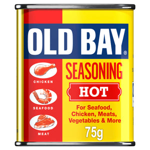 A 75g tin of Old Bay Hot Seasoning 75G featuring the classic yellow and red label with illustrations of chicken, seafood, and meat.