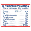 A nutrition information infographic for Old Bay Hot Seasoning 75G detailing typical values per 100g including 211 kcal and 47.90g of salt.