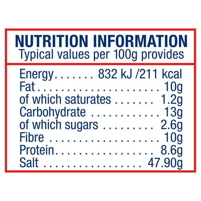 A nutrition information infographic for Old Bay Hot Seasoning 75G detailing typical values per 100g including 211 kcal and 47.90g of salt.
