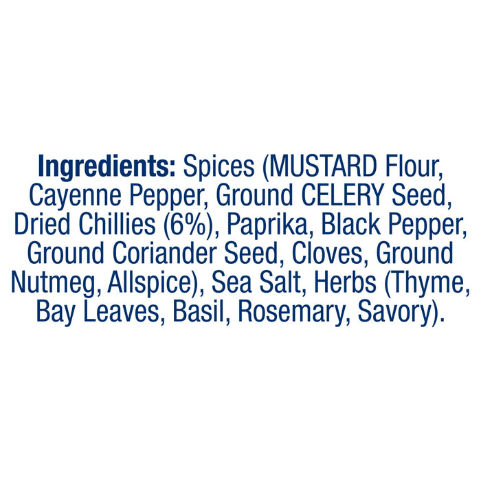 An ingredient list for Old Bay Hot Seasoning 75G featuring spices like mustard flour, cayenne pepper, and ground celery seed along with sea salt and herbs.