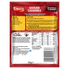 The back of a Schwartz Sausage Casserole recipe mix packet displaying ingredients, nutritional values, and a three step cooking guide.