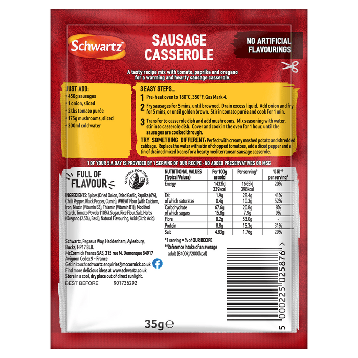 The back of a Schwartz Sausage Casserole recipe mix packet displaying ingredients, nutritional values, and a three step cooking guide.