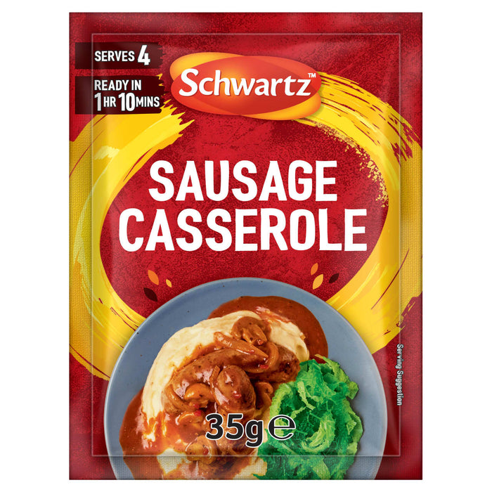 A red packet of Schwartz Sausage Casserole Recipe Mix 35G is displayed in front of a blue plate with a serving suggestion of sausage casserole over mashed potatoes with a side of greens.