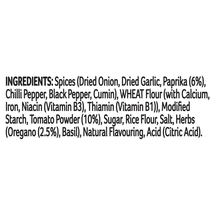 The ingredients list for Schwartz Sausage Casserole Recipe Mix 35G, detailing components such as spices, wheat flour, and tomato powder.