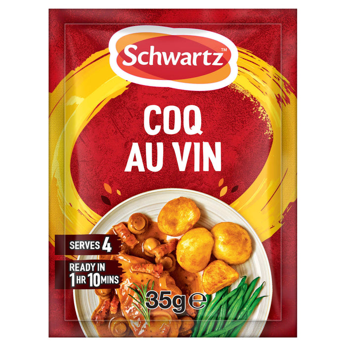 A 35g packet of Schwartz Coq Au Vin recipe mix featuring a serving suggestion of chicken in a rich sauce with mushrooms, potatoes, and green beans.