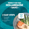 An infographic for Schwartz For Fish Classic Hollandaise 300 showing a two step preparation process alongside a serving suggestion of salmon and asparagus.