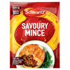 A packet of Schwartz Amix Savoury Mince 35G seasoning mix featuring a golden pastry pie filled with minced meat and vegetables alongside green beans.