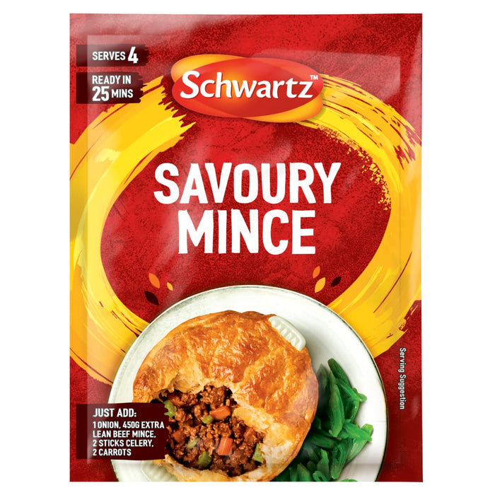 A packet of Schwartz Amix Savoury Mince 35G seasoning mix featuring a golden pastry pie filled with minced meat and vegetables alongside green beans.