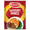 A packet of Schwartz Amix Savoury Mince 35G seasoning mix featuring a red and yellow design with a photo of a savory meat pie served with green beans.