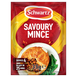 A packet of Schwartz Amix Savoury Mince 35G seasoning mix featuring a red and yellow design with a photo of a savory meat pie served with green beans.