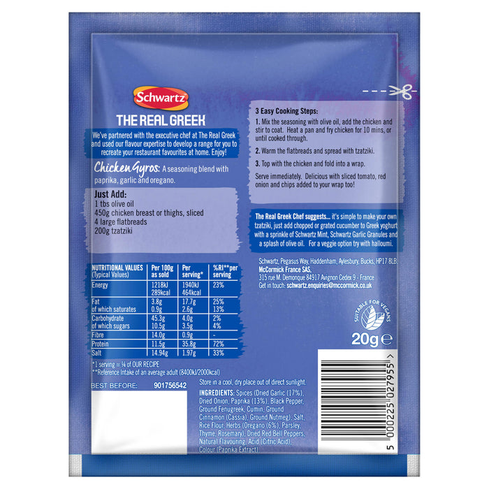 The back of a blue packet for Schwartz The Real Greek Chicken Gyros Wrap 20G, detailing the nutritional information, ingredients, and cooking instructions.