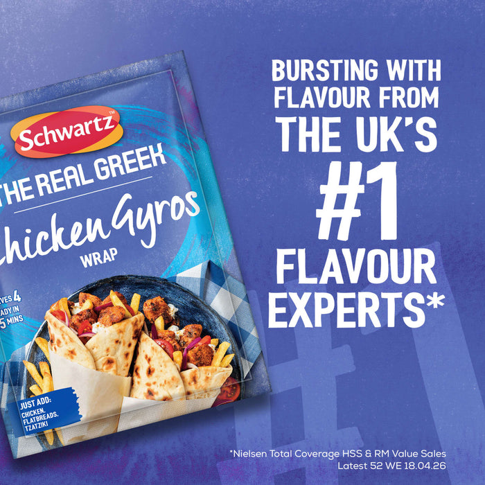 A promotional image displays a packet of Schwartz The Real Greek Chicken Gyros Wrap 20G next to a finished dish of chicken gyros, set against a blue background with text that reads, Bursting with flavour from the UK's #1 flavour experts.