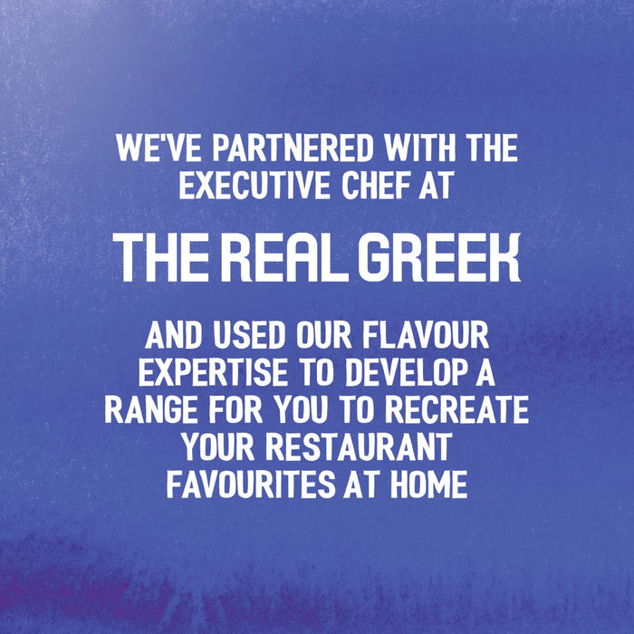 A promotional graphic for the Schwartz The Real Greek Chicken Gyros Wrap 20G explains the partnership with The Real Greek restaurant to develop a range of products for recreating restaurant favourites at home.