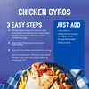A serving suggestion for Schwartz The Real Greek Chicken Gyros Wrap 20G shows a finished wrap filled with chicken, tomatoes, and fries, with recipe instructions listed above.