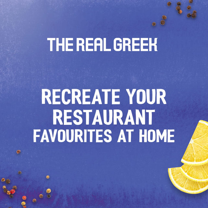 An advertisement for Schwartz The Real Greek Chicken Gyros Wrap 20G shows the text Recreate your restaurant favourites at home on a blue background with lemon slices and peppercorns.