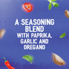 A promotional image for Schwartz The Real Greek Chicken Gyros Wrap 20G describes it as a seasoning blend with paprika, garlic, and oregano, showing the ingredients floating on a blue background.