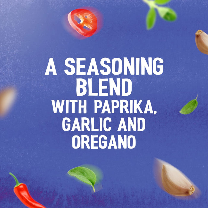 A promotional image for Schwartz The Real Greek Chicken Gyros Wrap 20G describes it as a seasoning blend with paprika, garlic, and oregano, showing the ingredients floating on a blue background.