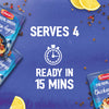 A promotional image for Schwartz The Real Greek Chicken Gyros Wrap 20G shows the packets on a purple background, highlighting that the meal serves 4 and is ready in 15 minutes.