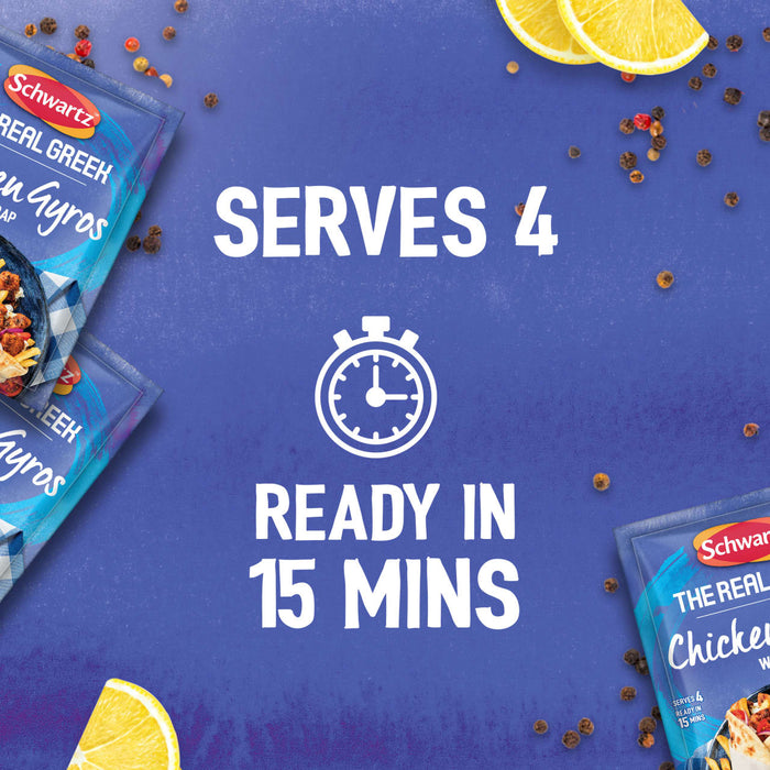 A promotional image for Schwartz The Real Greek Chicken Gyros Wrap 20G shows the packets on a purple background, highlighting that the meal serves 4 and is ready in 15 minutes.