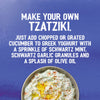 A bowl of homemade tzatziki is shown with a recipe suggestion using Schwartz spices, perfect for serving with Schwartz The Real Greek Chicken Gyros Wrap 20G.