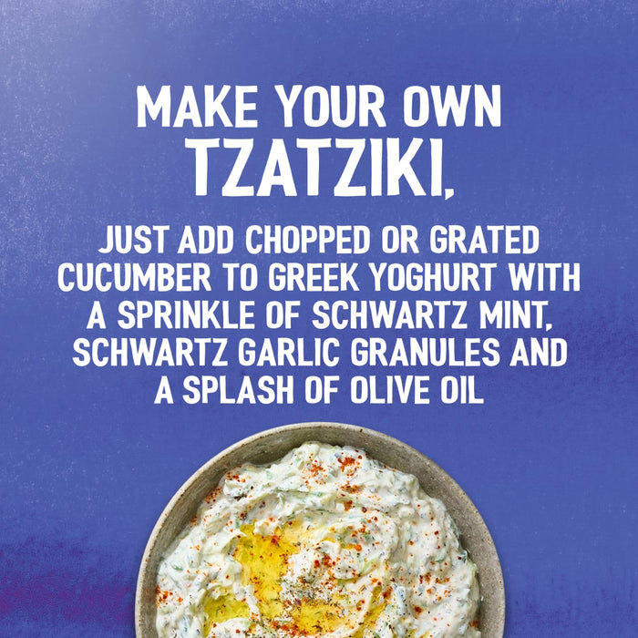 A bowl of homemade tzatziki is shown with a recipe suggestion using Schwartz spices, perfect for serving with Schwartz The Real Greek Chicken Gyros Wrap 20G.