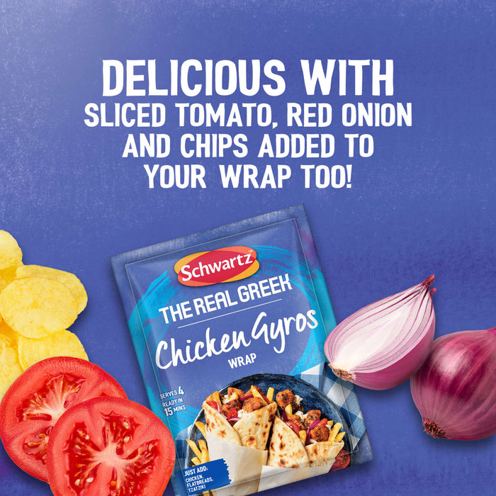 A packet of Schwartz The Real Greek Chicken Gyros Wrap 20G seasoning mix is displayed with fresh ingredients like sliced tomatoes, red onions, and potato chips, providing a serving suggestion for the final meal.