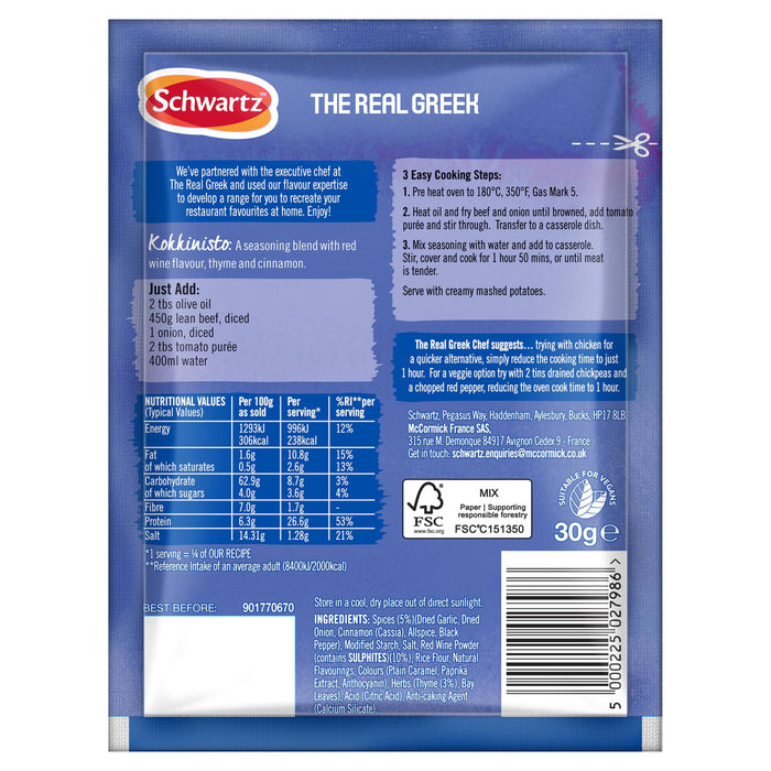 The back of a packet of Schwartz The Real Greek Kokkinisto Warming Beef & Tomato Stew 30G, showing the nutritional information, ingredients, and cooking instructions.