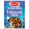 A 30g packet of Schwartz The Real Greek Kokkinisto Warming Beef and Tomato Stew seasoning mix featuring a bowl of the prepared stew served over mashed potatoes.