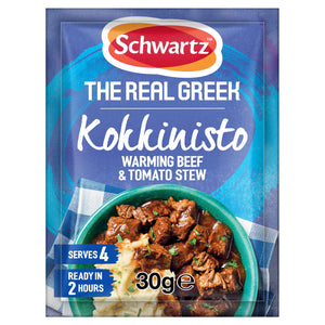 A 30g packet of Schwartz The Real Greek Kokkinisto Warming Beef and Tomato Stew seasoning mix featuring a bowl of the prepared stew served over mashed potatoes.