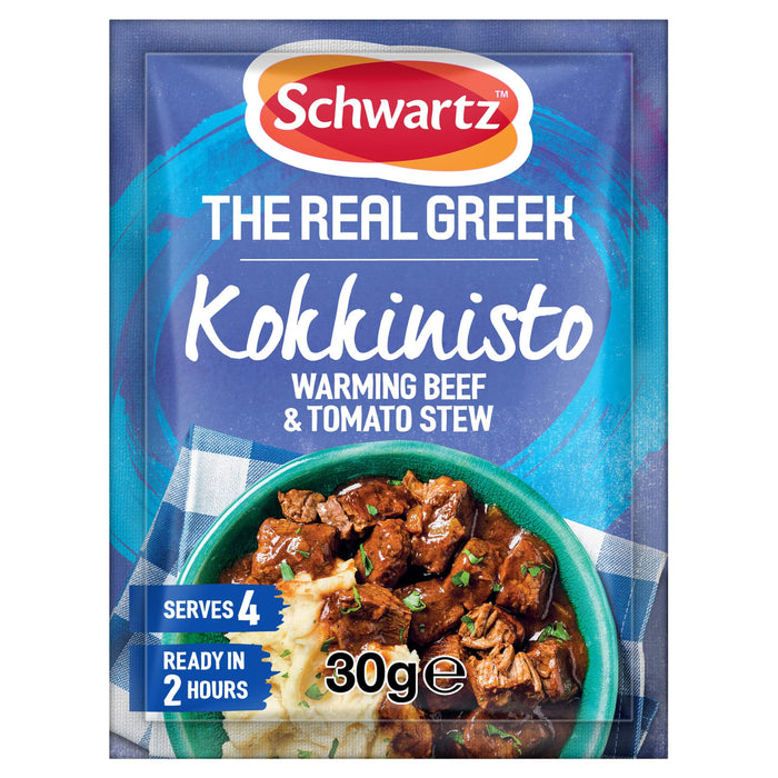 A 30g packet of Schwartz The Real Greek Kokkinisto Warming Beef and Tomato Stew seasoning mix featuring a bowl of the prepared stew served over mashed potatoes.