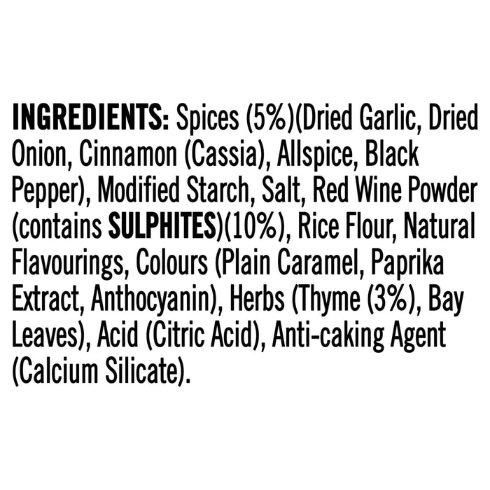 The ingredients list for Schwartz The Real Greek Kokkinisto Warming Beef & Tomato Stew 30G, which includes spices, modified starch, and red wine powder.