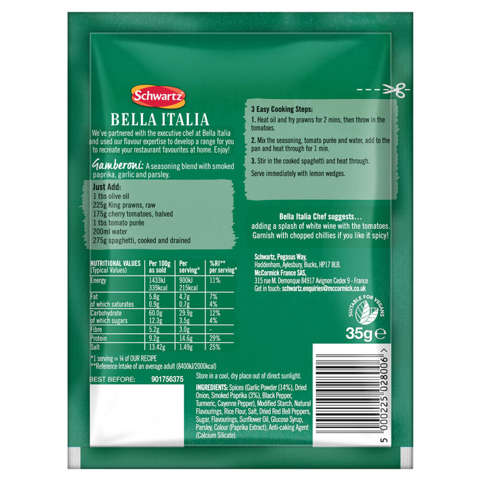 The back of a packet of Schwartz Bella Italia Gamberoni Garlic & Chilli Prawn Spaghetti 35G, displaying the nutritional information, ingredients, and cooking instructions.