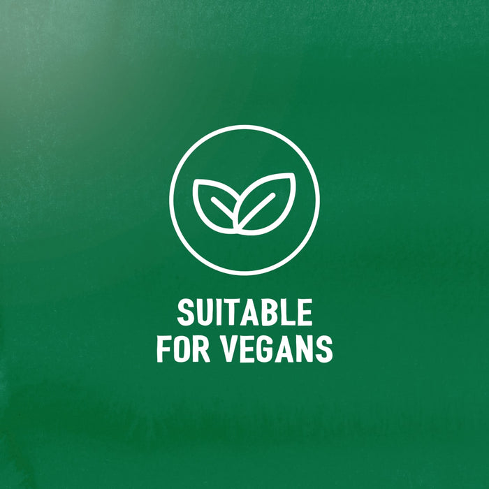 An icon with two leaves and the text SUITABLE FOR VEGANS indicates that the Schwartz Bella Italia Gamberoni Garlic & Chilli Prawn Spaghetti 35G is vegan-friendly.