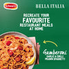 A promotional image shows a delicious bowl of Gamberoni, which can be made at home using the Schwartz Bella Italia Gamberoni Garlic & Chilli Prawn Spaghetti 35G seasoning, against a green background with the Schwartz and Bella Italia logos.