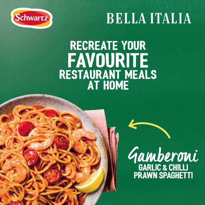 A promotional image shows a delicious bowl of Gamberoni, which can be made at home using the Schwartz Bella Italia Gamberoni Garlic & Chilli Prawn Spaghetti 35G seasoning, against a green background with the Schwartz and Bella Italia logos.