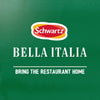 A promotional graphic for the Schwartz Bella Italia Gamberoni Garlic & Chilli Prawn Spaghetti 35G, featuring the Schwartz logo and the slogans BELLA ITALIA and BRING THE RESTAURANT HOME on a green background.