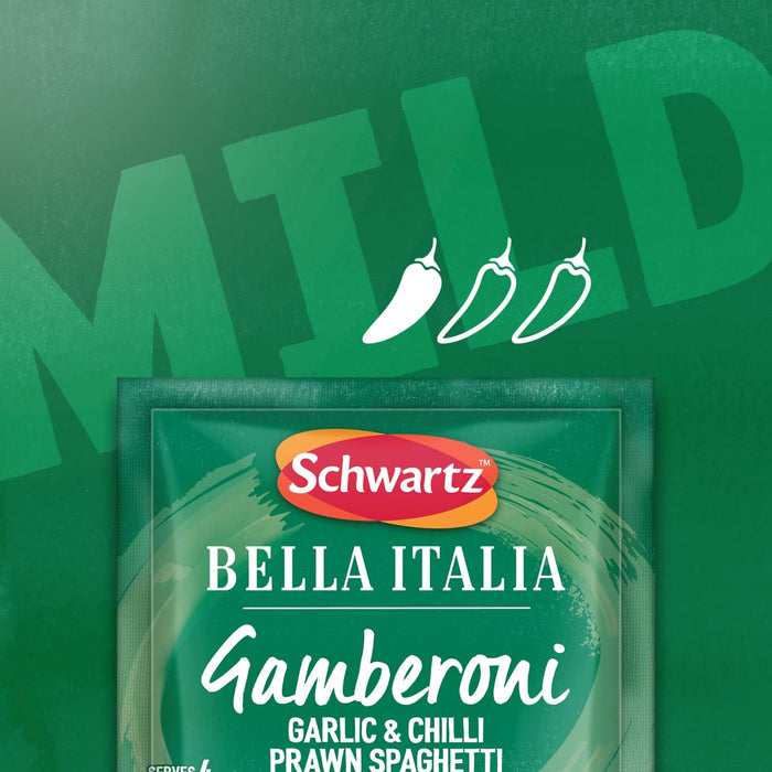 A green packet of Schwartz Bella Italia Gamberoni Garlic & Chilli Prawn Spaghetti 35G is displayed against a textured green background featuring the word MILD and a one-chilli heat rating.