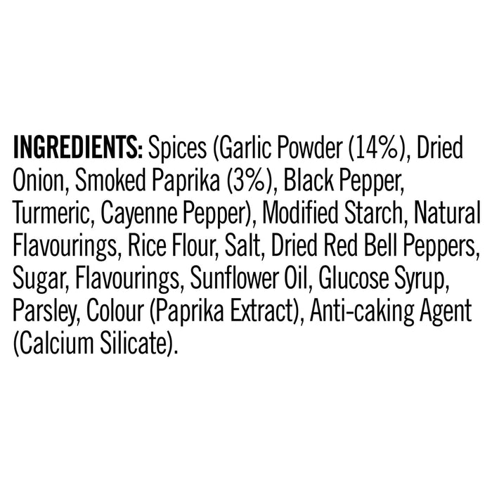 The ingredients list for the Schwartz Bella Italia Gamberoni Garlic & Chilli Prawn Spaghetti 35G, including spices like garlic powder and smoked paprika, is displayed in black text on a white background.