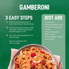 A recipe card for the Schwartz Bella Italia Gamberoni Garlic & Chilli Prawn Spaghetti 35G shows the finished dish in a bowl, with a list of ingredients to add and three easy cooking steps.