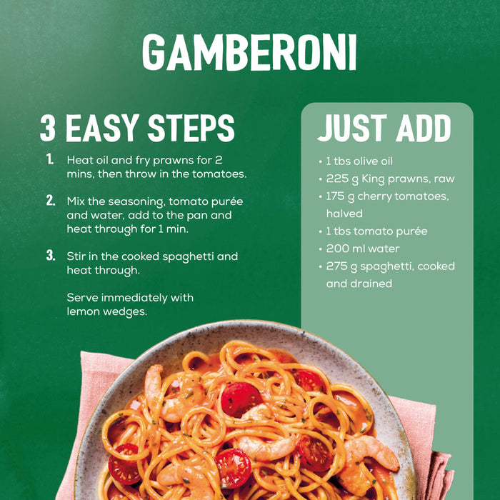 A recipe card for the Schwartz Bella Italia Gamberoni Garlic & Chilli Prawn Spaghetti 35G shows the finished dish in a bowl, with a list of ingredients to add and three easy cooking steps.