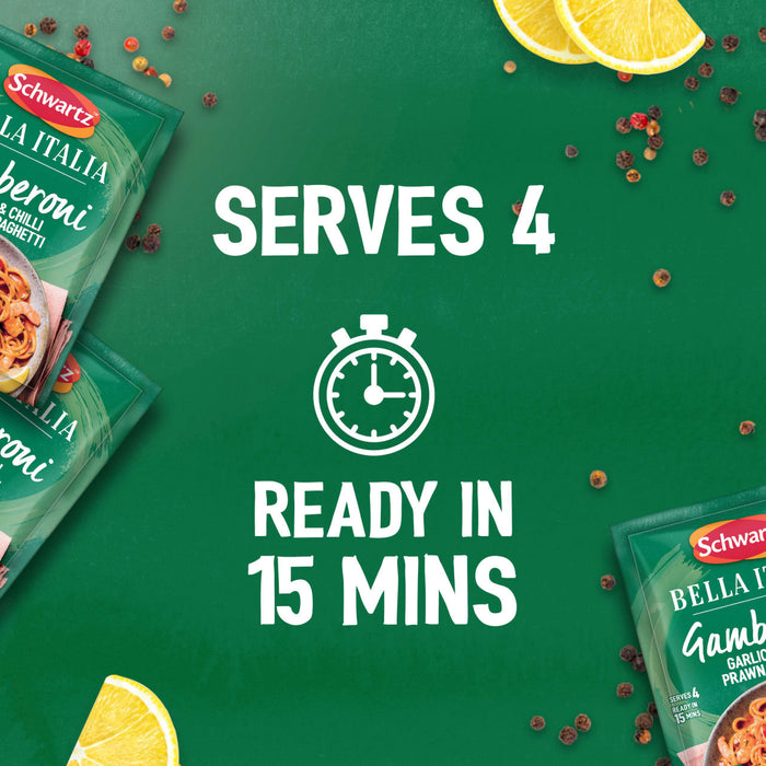 An advertisement for Schwartz Bella Italia Gamberoni Garlic & Chilli Prawn Spaghetti 35G shows packets of the mix against a green background with text highlighting that it serves 4 and is ready in 15 minutes.