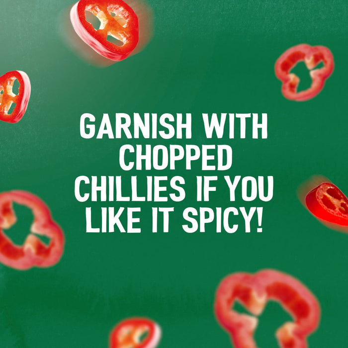 A serving suggestion for Schwartz Bella Italia Gamberoni Garlic & Chilli Prawn Spaghetti 35G shows sliced red chillies on a green background with the text, Garnish with chopped chillies if you like it spicy!