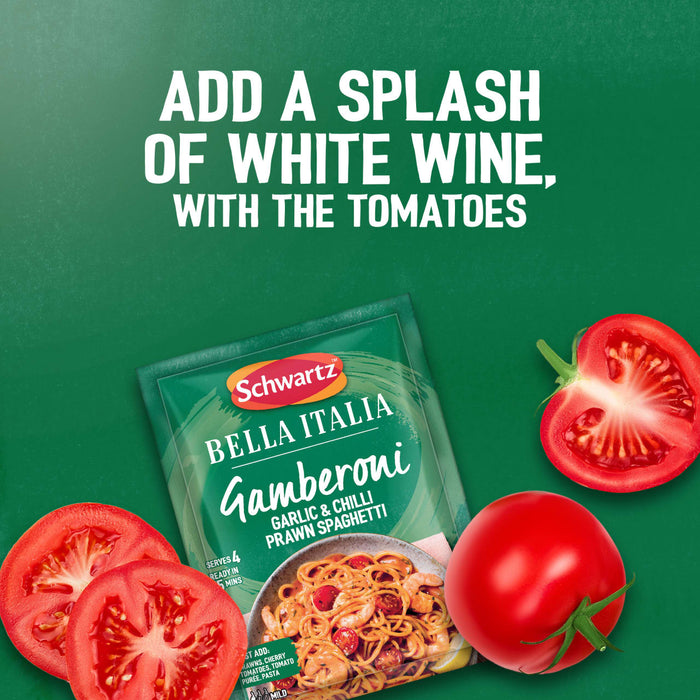 A packet of Schwartz Bella Italia Gamberoni Garlic & Chilli Prawn Spaghetti 35G is displayed with fresh tomatoes on a green background, with text suggesting to add a splash of white wine with the tomatoes.