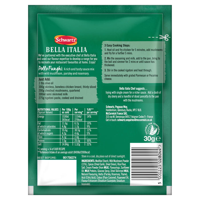 The back of a package of Schwartz Bella Italia Pollo Funghi Creamy Chicken & Wild Mushroom Rigatoni 30G, displaying the nutritional information, ingredients, and cooking instructions.
